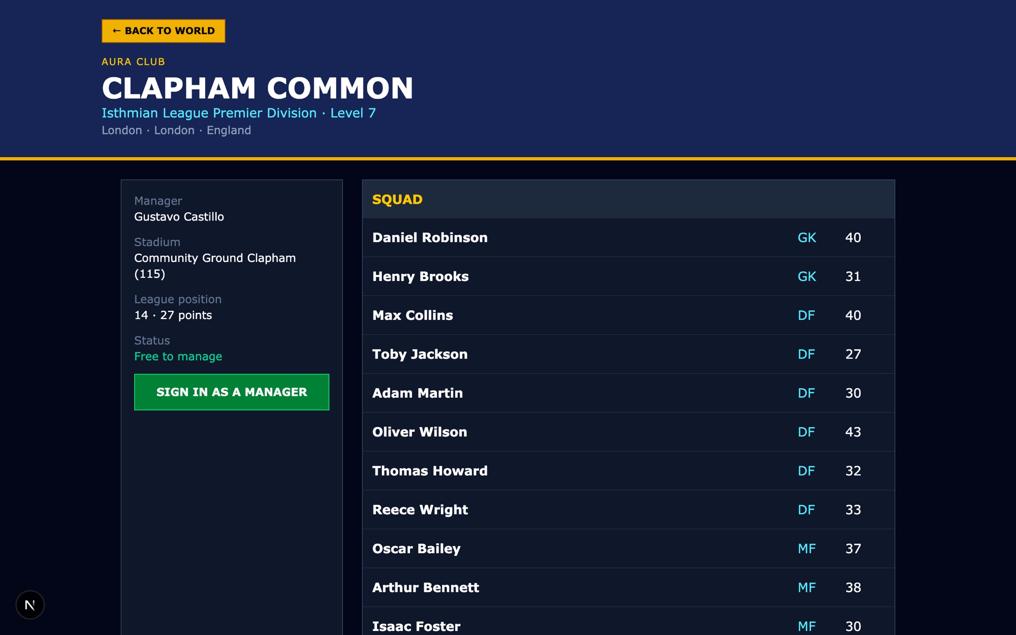 The club screen for Clapham Common: seventh division, London, free to manage, with the squad listed