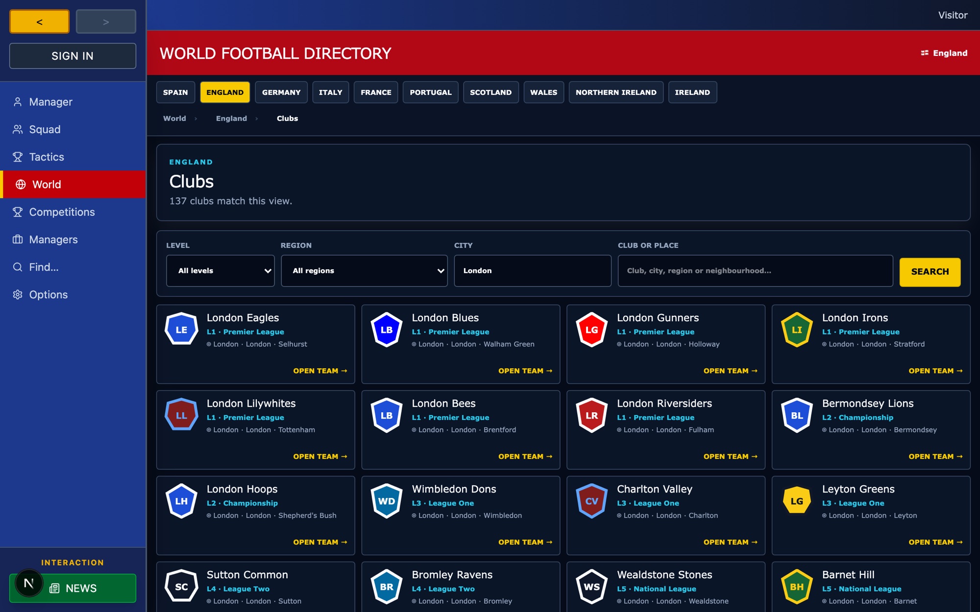 The directory filtered to London: 137 clubs in the city, from the first division to the eleventh