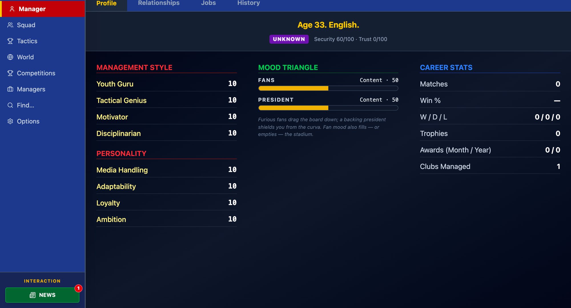 The manager screen on day one: age 33, aura band Unknown, security 60, trust 3, four management dials at ten