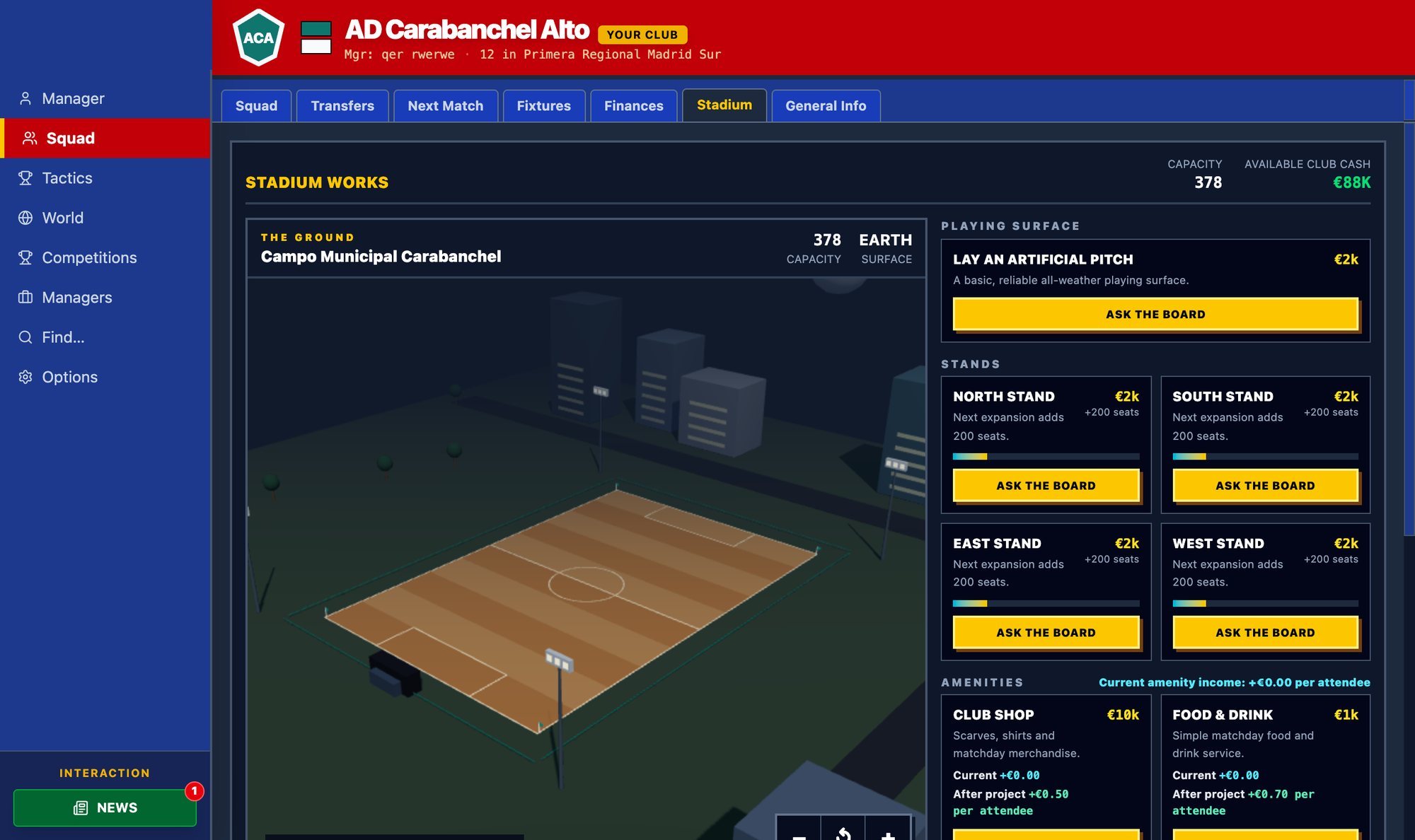Stadium works: a 3D view of a small municipal ground with floodlights, and board requests for a pitch, four stands and amenities
